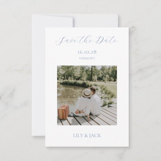 Save The Date Chic White Script Couple Photo Enregistrer La Cart (Devant)