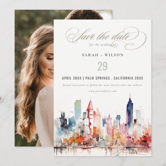 Save The Date Chicago Illinois Watercolor Scape Photo Wedding (Devant / Derrière)