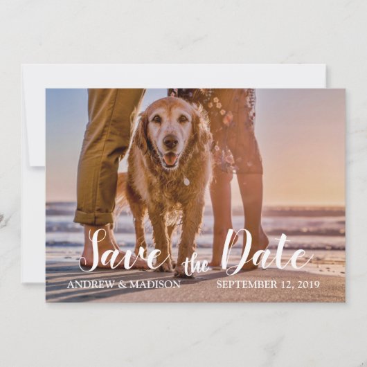 Save The Date Chien sur la plage avec deux couples Enregistrer l (Devant)