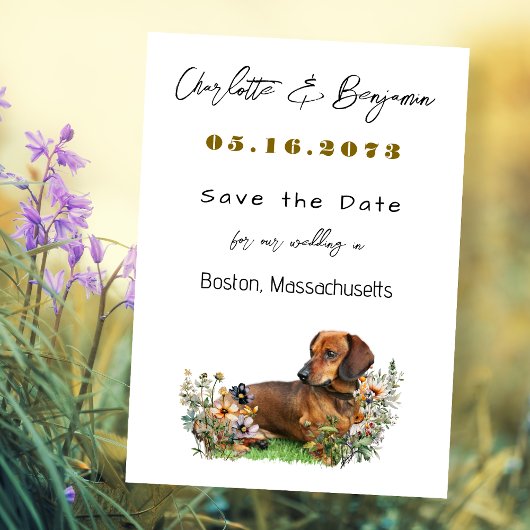 Save The Date Chien teckel et fleurs sauvages, enregistrez la da