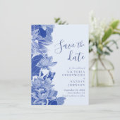Save The Date Chinoiserie florale bleu rétro Enregistrer la date (Debout devant)