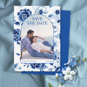 Save The Date Chinoiserie florale bleue, photo de lavage à l'aqu
