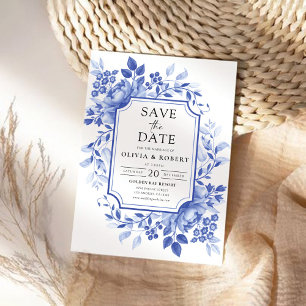 Save The Date Chinoiserie Florale de Porcelaine Bleue