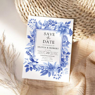 Save The Date Chinoiserie Florale de Porcelaine Bleue