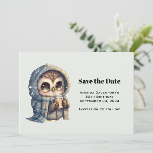 Save The Date Chouette mignonne en hiver avec café (Debout devant)