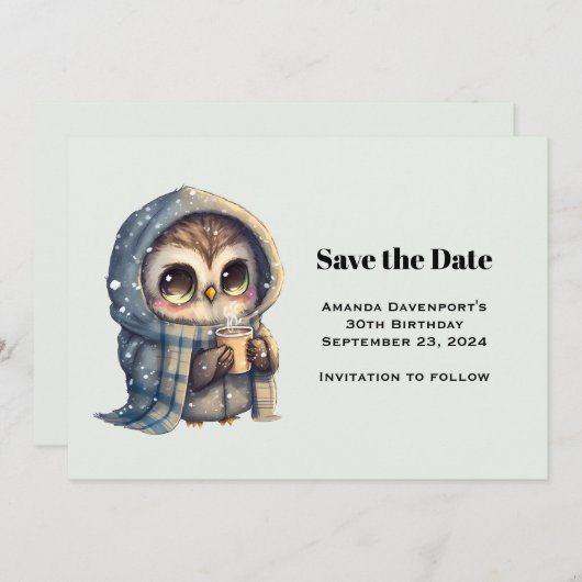 Save The Date Chouette mignonne en hiver avec café (Devant / Derrière)