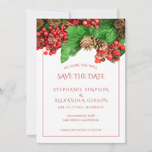 Save The Date Christmas Greenery Red Berries Mariage de vacances
