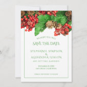 Save The Date Christmas Greenery Red Berries Mariage de vacances (Devant)