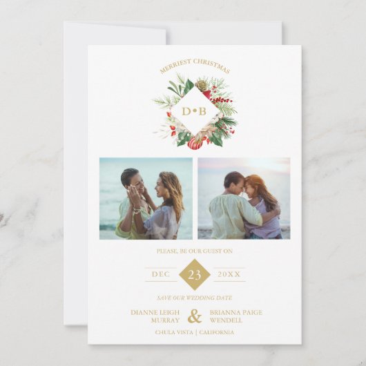Save The Date Christmas Initials Floral 2 Photos Collage Fancy (Devant)