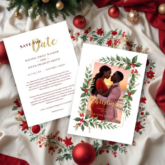 Save The Date Christmas Photo Wedding Leaves & Red Berries
