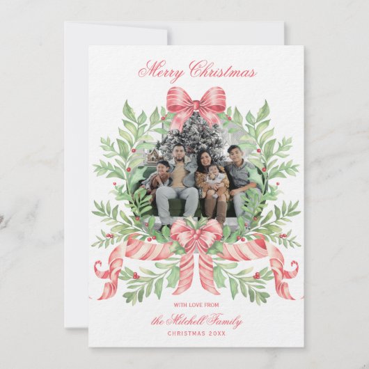 Save The Date Christmas Wreath Candy Cane Bow | Photo Card (Devant)