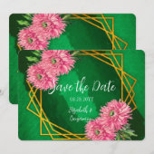 Save The Date Chrysanthèmes roses mariage géométrique or (Devant / Derrière)