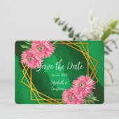 Save The Date Chrysanthèmes roses mariage géométrique or (Debout devant)