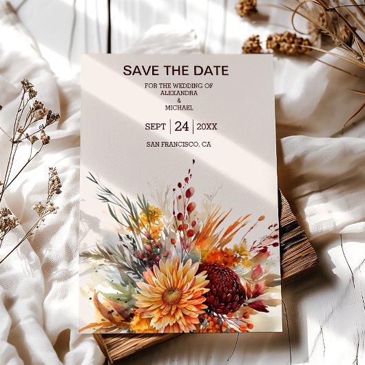 Save The Date Chute Burange Aquarelle Orange Pampas Grass Mariag