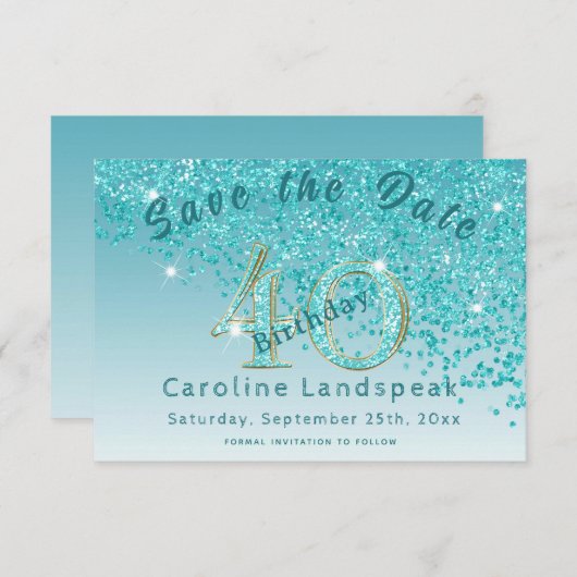 Save The Date Chute de la Parties scintillant bleue Turquoise po (Devant / Derrière)