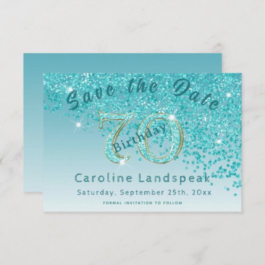 Save The Date Chute de la Parties scintillant bleue Turquoise po (Devant / Derrière)