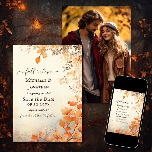 Save The Date Chute en amour Belle automne Feuilles Mariage Phot