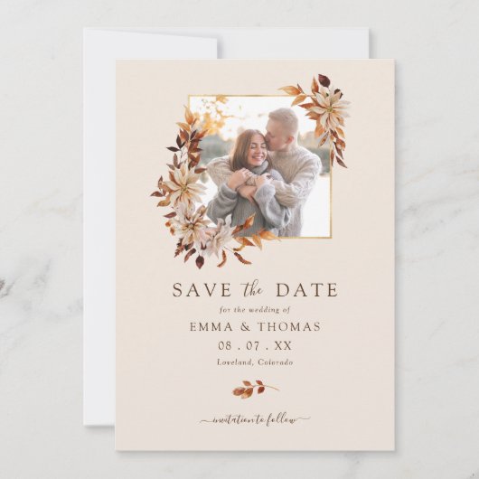 Save The Date Chute Floral Gold Frame Mariage Photo Enregistrer  (Devant)