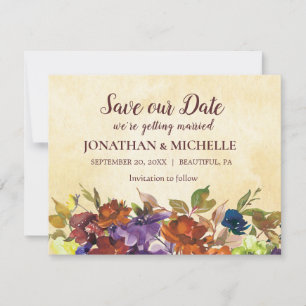 Save The Date Chute Floral Violet Brûlé Orange Jaune Mariage