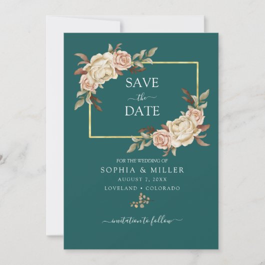 Save The Date Chute Turquoise Aquarelle Terracotta mariage Flora (Devant)