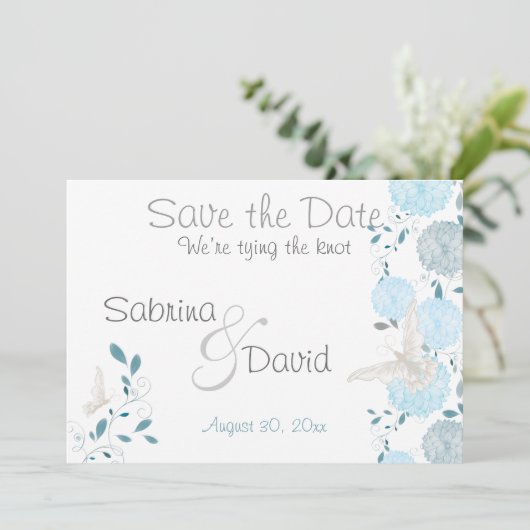 Save The Date Ciel Bleu papillon Chrysanthème Enregistrer la dat (Debout devant)