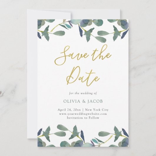 Save The Date Cimier d'Eucalyptus | Feuilles verts et or Faux (Devant)