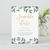 Save The Date Cimier d'Eucalyptus | Feuilles verts et or Faux (Debout devant)