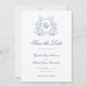 Save The Date Cimier Floral Bleu Formel Monogramme Mariage Éléga (Devant)