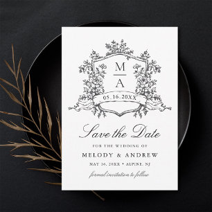 Save The Date Cimier floral classique Mariage noir et blanc