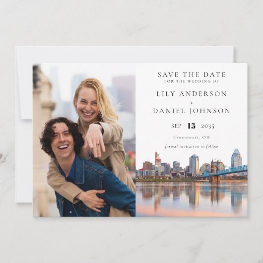 Save The Date Cincinnati Skyline Watercolor Photo Wedding (Devant)