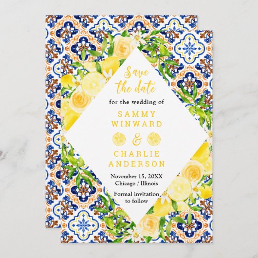 Save The Date Citrons avec Mariage méditerranéen Foliage (Devant / Derrière)