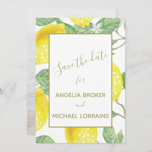 Save The Date Citrons jaunes modernes et feuillages verts Photo (Devant / Derrière)