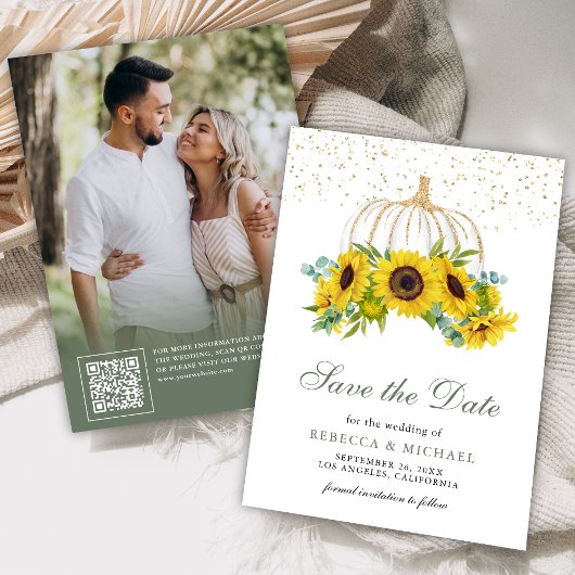 Save The Date Citrouille blanc Tournesols Code QR Photo Mariage