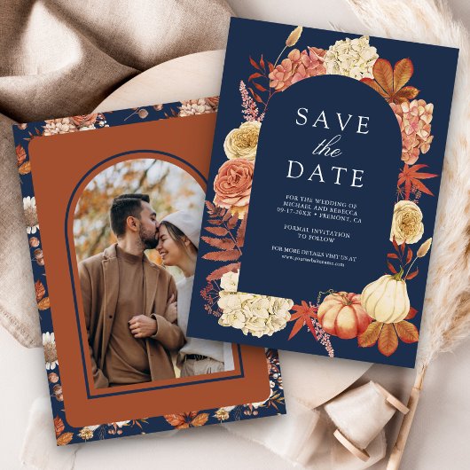 Save The Date Citrouille en terre cuite Floral Navy Mariage bleu