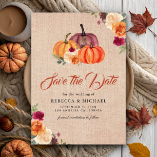 Save The Date Citrouille Fleurie Orange Brûlée en Toile de Jute