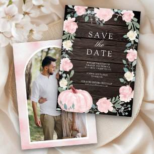Save The Date Citrouille Fleurie Rose Pâle Bois de Grange Photo 