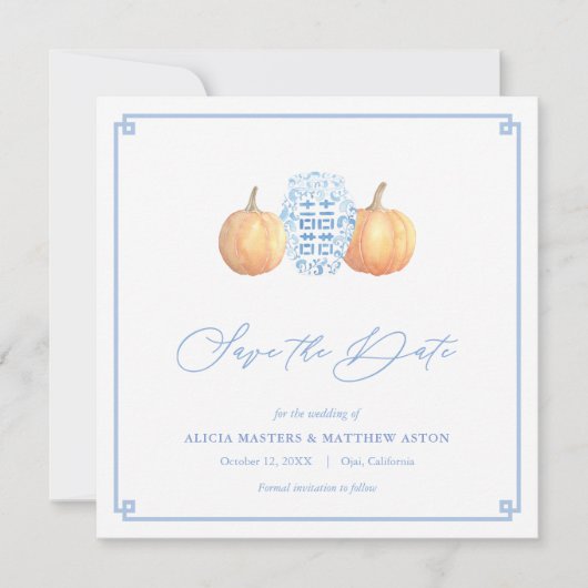 Save The Date Citrouille intelligente Chinoiserie Bleu Et Blanc  (Devant)