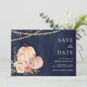 Save The Date Citrouille rose Pêche Floral Marine Blue Mariage (Debout devant)