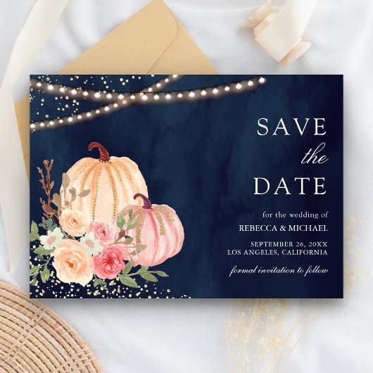 Save The Date Citrouille rose Pêche Floral Marine Blue Mariage