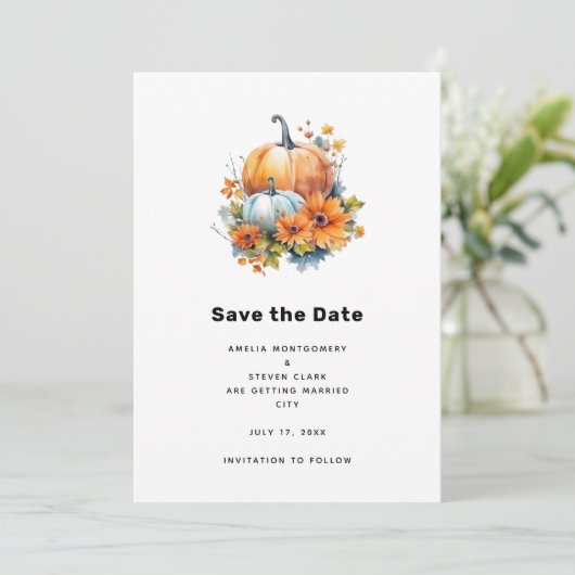 Save The Date Citrouilles d'automne avec Fleurs et Mariage de fe (Debout devant)