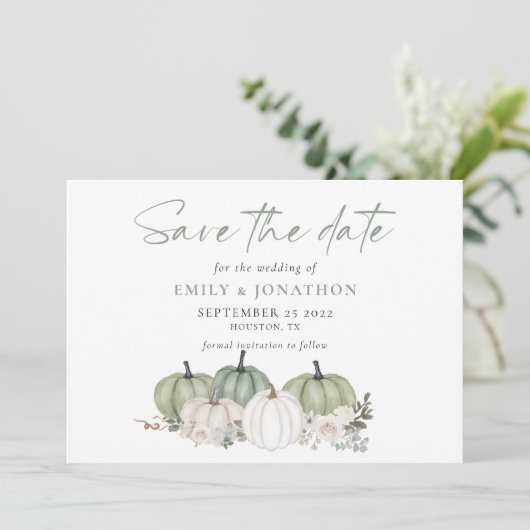 Save The Date Citrouilles de Sage fleurs automnales QR Code Mari (Debout devant)