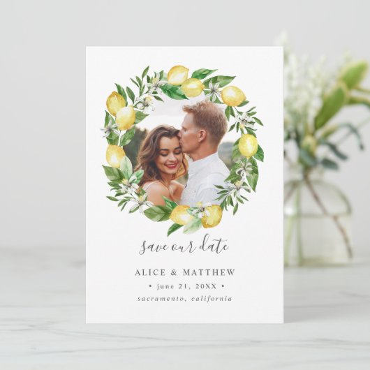 Save The Date Citrus citron couronne photo mariage enregistrer l (Debout devant)