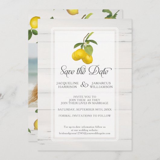 Save The Date Citrus citron floral gris jaune feuillage photo (Devant / Derrière)