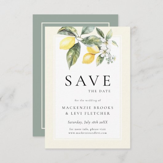 Save The Date Citrus de citron Élégant Mariage méditerranéen (Devant / Derrière)