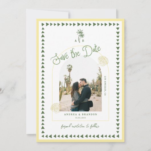 Save The Date Citrus Yellow Coastal Palm Tree Seashell Wedding (Devant)