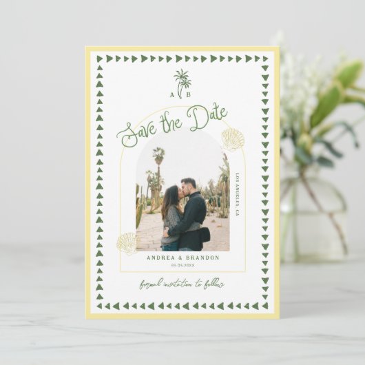 Save The Date Citrus Yellow Coastal Palm Tree Seashell Wedding (Debout devant)