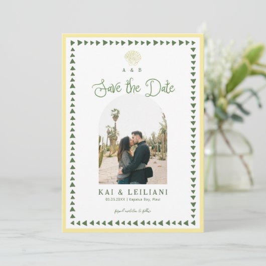 Save The Date Citrus Yellow Coastal Seashell Monogram Wedding (Debout devant)