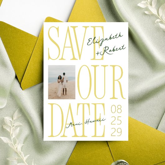 Save The Date Citrus Yellow & Green Typography Stylish Wedding