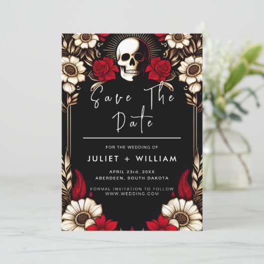 Save The Date Claret épais Ruby Coeur Rouge Noir Mariage (Debout devant)