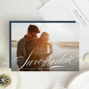 Save The Date Classe Elegant Marine Bleu Blanc Calligraphie Phot